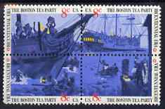 United States 1973 American Revolution Bicentennial - The Boston Tea Party se-tenant block of 4 unmounted mint, SG 1504b, stamps on , stamps on  stamps on ships, stamps on  stamps on food & drink, stamps on  stamps on  tea , stamps on  stamps on americana