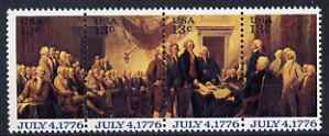 United States 1976 American Revolution Bicentennial - 'Signing the Declaration of Independence' (John Trumbull) se-tenant strip of 4 unmounted mint, SG 1671b, stamps on americana, stamps on arts, stamps on constitutions