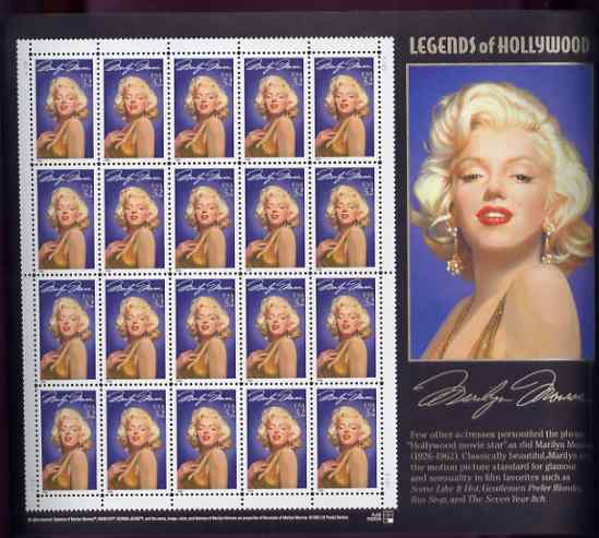 United States 1995 Legends of Hollywood 32c Marilyn Monroe in sheet of 20 with enlarged right-hand margin, unmounted mint SG 3046, stamps on , stamps on  stamps on personalities, stamps on  stamps on films, stamps on  stamps on marilyn monroe, stamps on  stamps on marilyn