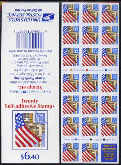 United States 1995 Flag over Porch $6.40 booklet of 20 x 32c self-adhsive plus one label (Stamps etc on back cover) pristine, SG SB 204a, stamps on , stamps on  stamps on flags, stamps on  stamps on self-adhesive