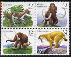 United States 1996 Prehistoric Animals se-tenant block of 4 (Mastodon, Sabre-tooth Tiger, Eohippus, Woolly Mammoth) unmounted mint, SG 3215a, stamps on , stamps on  stamps on dinosaurs, stamps on  stamps on mammoths, stamps on  stamps on horses, stamps on  stamps on cats, stamps on  stamps on sabre-tooth tiger, stamps on  stamps on tigers