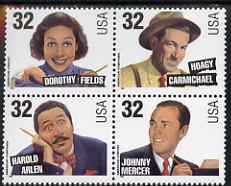 United States 1996 Songwriters se-tenant block or strip of 4 (Harold Arlen, Johnny Mercer, Dorothy Fields, Hoagy Carmichael) unmounted mint, SG 3238a, stamps on music, stamps on personalities, stamps on composers, stamps on jazz