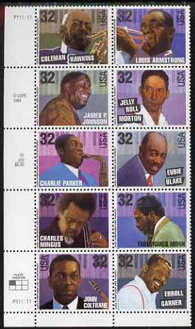 United States 1995 Jazz Musicians se-tenant blocks of 10 (Coleman Hawkins, Louis Armstrong, James Johnson, Jelly Roll Morton, Charlie Parker, Eubie Blake, Charles Mingus, Thelonious Monk, John Coltrane, Erroll Garner) unmounted mint, SG 3101a, stamps on music, stamps on personalities, stamps on jazz