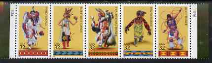 United States 1996 Traditional Amerindian Dances se-tenant strip of 5 unmounted mint, SG 3211a, stamps on , stamps on  stamps on americana, stamps on  stamps on dance, stamps on  stamps on dancing, stamps on  stamps on costumes, stamps on  stamps on fashion