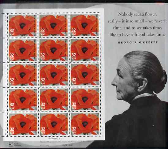 United States 1996 Tenth Death Anniversary of Georgia O'Keeffe (painter) 32c Red Poppy in complete sheet of 15 with enlarged right-hand margin, unmounted mint SG 3204, stamps on , stamps on  stamps on flowers, stamps on  stamps on poppies, stamps on  stamps on arts, stamps on  stamps on 