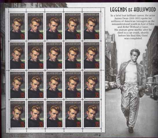 United States 1996 Legends of Hollywood - James Dean in complete sheet of 20 with enlarged right-hand margin unmounted mint, SG 3217, stamps on personalities, stamps on films, stamps on 