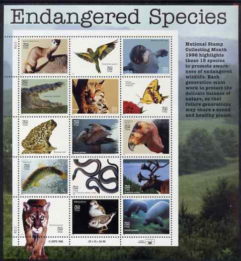 United States 1996 Endangered species set of 15 in complete sheet with enlarged right-hand margin, unmounted mint, SG 3254a, stamps on , stamps on  stamps on animals, stamps on  stamps on cats, stamps on  stamps on birds, stamps on  stamps on parrots, stamps on  stamps on marine life, stamps on  stamps on seals, stamps on  stamps on amphibians, stamps on  stamps on reptiles, stamps on  stamps on crocodiles, stamps on  stamps on frogs, stamps on  stamps on snakes, stamps on  stamps on caribou, stamps on  stamps on fish, stamps on  stamps on manatee