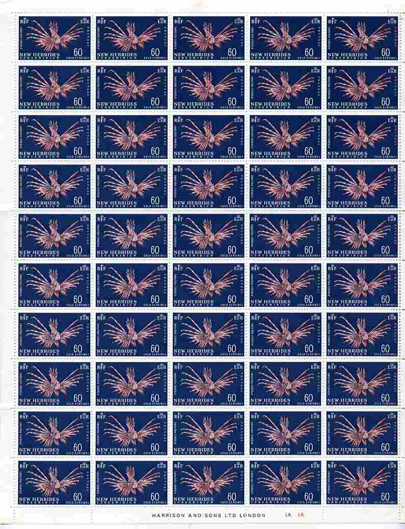 New Hebrides - English 1967 Lionfish 60c new value definitive complete folded sheet of 50 unmounted mint, SG 129, stamps on , stamps on  stamps on fish, stamps on  stamps on marine life
