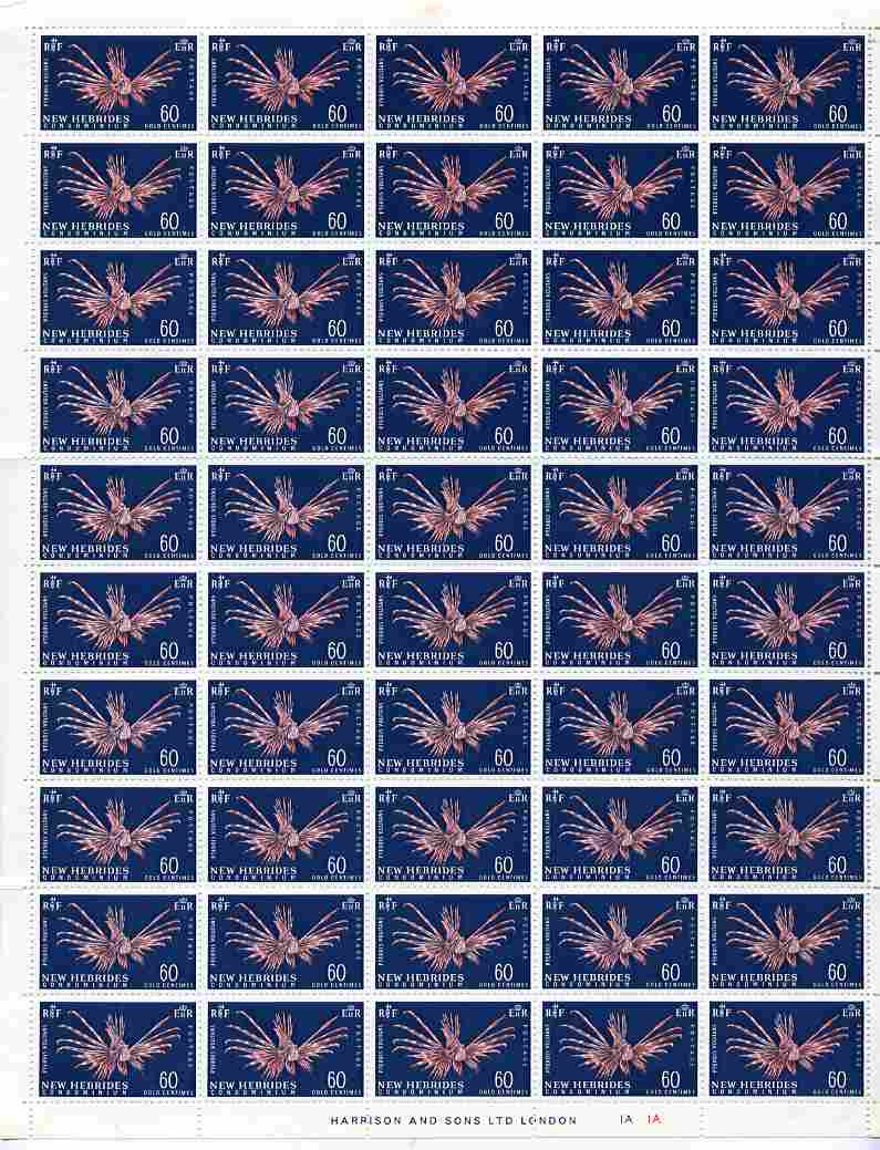 New Hebrides - English 1967 Lionfish 60c new value definitive complete folded sheet of 50 unmounted mint, SG 129, stamps on , stamps on  stamps on fish, stamps on  stamps on marine life