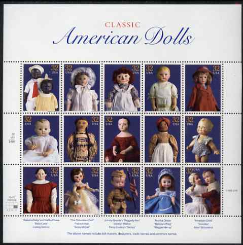 United States 1997 American Dolls se-tenant sheet of 15 plus two labels unmounted mint, SG 3346a, stamps on , stamps on  stamps on children, stamps on  stamps on toys, stamps on  stamps on costumes, stamps on  stamps on americana