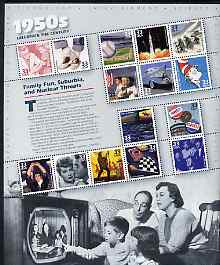 United States 1999 The Twentieth Century (5th series) The 1950s se-tenant sheetlet of 15 unmounted mint, SG 3620a, stamps on sports, stamps on baseball, stamps on medicine, stamps on medical, stamps on space, stamps on militaria, stamps on cars, stamps on cartoons, stamps on films, stamps on boxing, stamps on music, stamps on sport