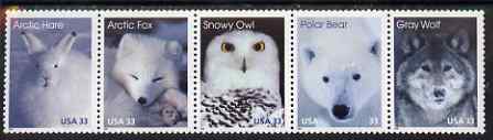 United States 1999 Arctic Animals se-tenant strip of 5 unmounted mint, SG 3576a, stamps on , stamps on  stamps on animals, stamps on  stamps on rabbits, stamps on  stamps on  fox , stamps on  stamps on polar bear, stamps on  stamps on wolf, stamps on  stamps on birds of prey, stamps on  stamps on owls