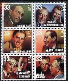 United States 1999 Broadway Songwriters set of six unmounted mint, SG 3672a, stamps on music, stamps on personalities, stamps on composers, stamps on theatres