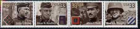 United States 2000 Distinguished Soldiers se-tenant strip of 4 unmounted mint, SG 3781a, stamps on militaria, stamps on  ww1 , stamps on  ww2 , stamps on personalities