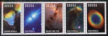 United States 2000 Tenth Anniversary of Hubble Space Telescope se-tenant strip of 5 unmounted mint, SG 3758a, stamps on space, stamps on telescopes