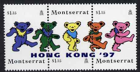 Montserrat 1997 Hong Kong 97 Stamp Exhibition overprinted on strip of 3 Grateful Dead Teddy Bears, unmounted mint SG 1034-6, stamps on , stamps on  stamps on music, stamps on  stamps on pops, stamps on  stamps on rock, stamps on  stamps on bears, stamps on  stamps on teddy bears, stamps on  stamps on stamp exhibitioins