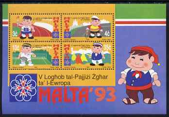 Malta 1993 Small States of Europe Games perf m/sheet containing 4 values unmounted mint SG MS 944, stamps on , stamps on  stamps on sport, stamps on  stamps on bicycles, stamps on  stamps on yachting, stamps on  stamps on sailing, stamps on  stamps on tennis