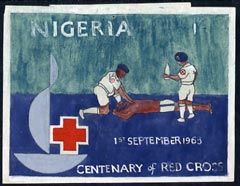 Nigeria 1963 Red Cross Centenary - original artwork for 1s value showing emblem and first aid team (Similar to issued 3d value) on paper size 5x4 , stamps on , stamps on  stamps on medical    red cross