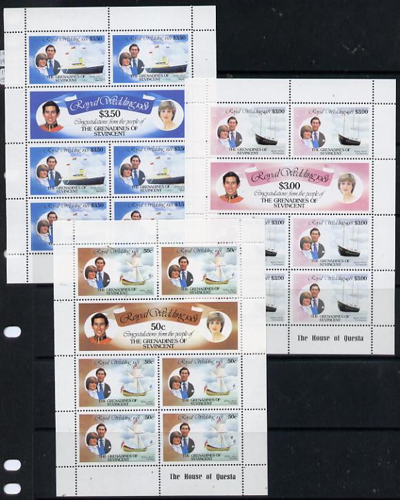 St Vincent - Grenadines 1981 Royal Wedding set of 3 sheetlets unmounted mint (SG 195a, 197a & 199a) , stamps on , stamps on  stamps on royalty, stamps on  stamps on ships, stamps on  stamps on diana, stamps on  stamps on charles