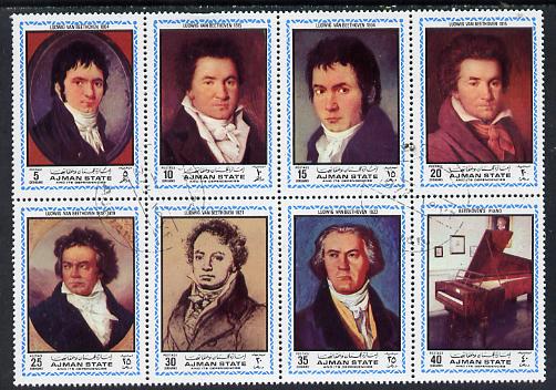 Ajman 1972 Beethoven (Paintings) perf set of 8 cto used (Mi 1336-43A), stamps on , stamps on  stamps on music  personalities    arts     composers, stamps on  stamps on opera, stamps on  stamps on personalities, stamps on  stamps on beethoven, stamps on  stamps on opera, stamps on  stamps on music, stamps on  stamps on composers, stamps on  stamps on deaf, stamps on  stamps on disabled, stamps on  stamps on masonry, stamps on  stamps on masonics