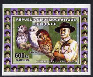 Congo 2006 Baden Powell & Owls #1 - Tawney Owl individual imperf deluxe sheet unmounted mint. Note this item is privately produced and is offered purely on its thematic appeal, stamps on personalities, stamps on scouts, stamps on owls, stamps on birds, stamps on birds of prey