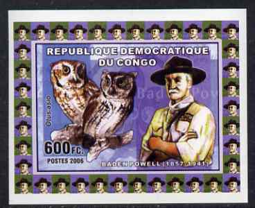 Congo 2006 Baden Powell & Owls #2 - Screech Owl individual imperf deluxe sheet unmounted mint. Note this item is privately produced and is offered purely on its thematic appeal, stamps on , stamps on  stamps on personalities, stamps on  stamps on scouts, stamps on  stamps on owls, stamps on  stamps on birds, stamps on  stamps on birds of prey