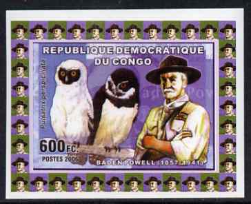 Congo 2006 Baden Powell & Owls #4 - Spectacled Owl individual imperf deluxe sheet unmounted mint. Note this item is privately produced and is offered purely on its themat..., stamps on personalities, stamps on scouts, stamps on owls, stamps on birds, stamps on birds of prey