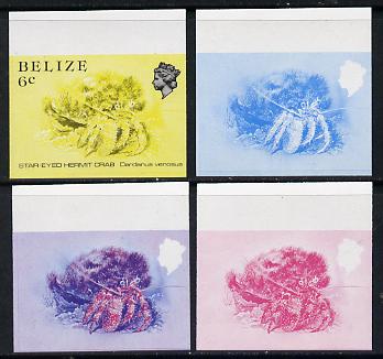 Belize 1984-88 Hermit Crab 6c def imperf progressive marginal proofs in blue, red, red & blue and yellow & black, 4 proofs unmounted mint as SG 771, stamps on marine-life