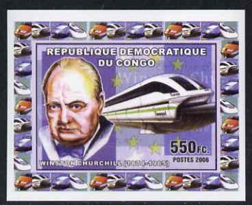 Congo 2006 Statesmen & Trains #2 - Churchill & Modern Train individual imperf deluxe sheet unmounted mint. Note this item is privately produced and is offered purely on its thematic appeal, stamps on , stamps on  stamps on railways, stamps on  stamps on personalities, stamps on  stamps on churchill, stamps on  stamps on constitutions, stamps on  stamps on  ww2 , stamps on  stamps on masonry, stamps on  stamps on masonics, stamps on  stamps on 