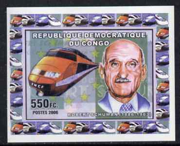 Congo 2006 Statesmen & Trains #3 - Robert Schuman & Modern Train individual imperf deluxe sheet unmounted mint. Note this item is privately produced and is offered purely on its thematic appeal, stamps on , stamps on  stamps on railways, stamps on  stamps on personalities, stamps on  stamps on constitutions, stamps on  stamps on  ww2 , stamps on  stamps on 