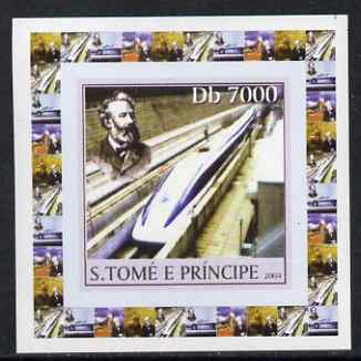 St Thomas & Prince Islands 2004 Jules Verne #3 - With High Speed Train individual imperf deluxe sheet unmounted mint. Note this item is privately produced and is offered purely on its thematic appeal, stamps on railways, stamps on personalities, stamps on literature, stamps on sci-fi