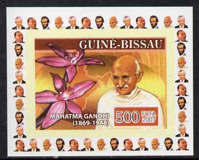 Guinea - Bissau 2007 Humanitarians #2 - Mahatma Gandhi & Orchid individual imperf deluxe sheet unmounted mint. Note this item is privately produced and is offered purely on its thematic appeal, stamps on , stamps on  stamps on personalities, stamps on  stamps on gandhi, stamps on  stamps on constitutions, stamps on  stamps on flowers, stamps on  stamps on orchids