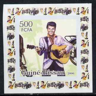 Guinea - Bissau 2006 Elvis Presley #2 - At the Mike with Motorcycle behind individual imperf deluxe sheet unmounted mint. Note this item is privately produced and is offered purely on its thematic appeal, stamps on , stamps on  stamps on personalities, stamps on  stamps on elvis, stamps on  stamps on music, stamps on  stamps on films, stamps on  stamps on cinema, stamps on  stamps on movies, stamps on  stamps on pops, stamps on  stamps on rock, stamps on  stamps on motorbikes, stamps on  stamps on microphones, stamps on  stamps on guitars