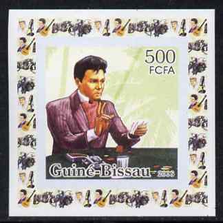 Guinea - Bissau 2006 Elvis Presley #4 - Playing cards behind individual imperf deluxe sheet unmounted mint. Note this item is privately produced and is offered purely on its thematic appeal, stamps on , stamps on  stamps on personalities, stamps on  stamps on elvis, stamps on  stamps on music, stamps on  stamps on films, stamps on  stamps on cinema, stamps on  stamps on movies, stamps on  stamps on pops, stamps on  stamps on rock, stamps on  stamps on playing cards, stamps on  stamps on 