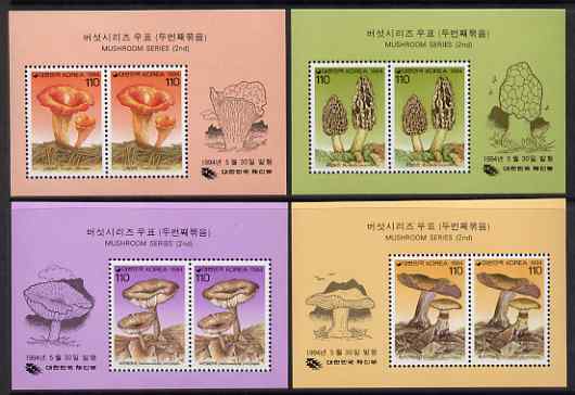 South Korea 1994 Fungi - 2nd series perf set of 4 m/sheets (each containing 2 vals) unmounted mint, SG MS 2099, stamps on fungi
