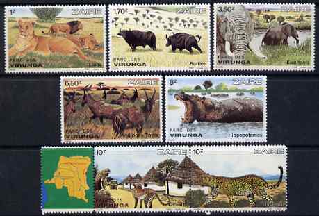 Zaire 1982 Virunga National Park perf set of 7 unmounted mint SG 1120-26, stamps on , stamps on  stamps on national parks, stamps on  stamps on maps, stamps on  stamps on lions, stamps on  stamps on cats, stamps on  stamps on elephants, stamps on  stamps on buffaloes, stamps on  stamps on bison, stamps on  stamps on hippos, stamps on  stamps on monkeys, stamps on  stamps on apes