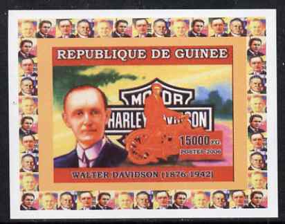 Guinea - Conakry 2006 Harley Davidson Motorcycles #3 - Walter Davidson individual imperf deluxe sheet unmounted mint. Note this item is privately produced and is offered purely on its thematic appeal, stamps on , stamps on  stamps on personalities, stamps on  stamps on motorbikes