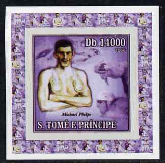 St Thomas & Prince Islands 2006 Olympic Gold Medalists #1 - Michael Phelps (Swimming) individual imperf deluxe sheet unmounted mint. Note this item is privately produced ..., stamps on sport, stamps on olympics, stamps on personalities, stamps on swimming