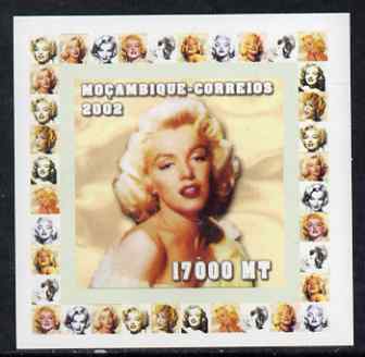 Mozambique 2002 40th Anniversary of Death of Marilyn Monroe #1 individual imperf deluxe sheet unmounted mint. Note this item is privately produced and is offered purely on its thematic appeal as Yv 1942, stamps on , stamps on  stamps on personalities, stamps on  stamps on women, stamps on  stamps on films, stamps on  stamps on cinema, stamps on  stamps on movies, stamps on  stamps on marilyn, stamps on  stamps on marilyn monroe