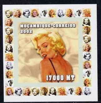 Mozambique 2002 40th Anniversary of Death of Marilyn Monroe #5 individual imperf deluxe sheet unmounted mint. Note this item is privately produced and is offered purely on its thematic appeal as Yv 1946, stamps on personalities, stamps on women, stamps on films, stamps on cinema, stamps on movies, stamps on marilyn, stamps on marilyn monroe