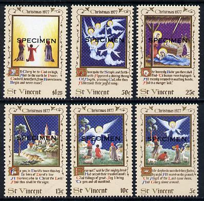 St Vincent 1977 Christmas set of 6 opt'd Specimen, as SG 544-49  unmounted mint, stamps on christmas, stamps on churches, stamps on angels