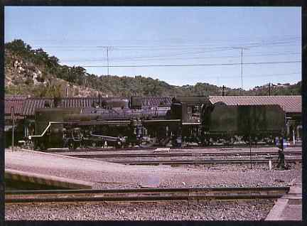 Postcard produced in 1980s in full colour showing Japanese National Railways JNR C57 Class 4-6-2, unused and pristine, stamps on railways