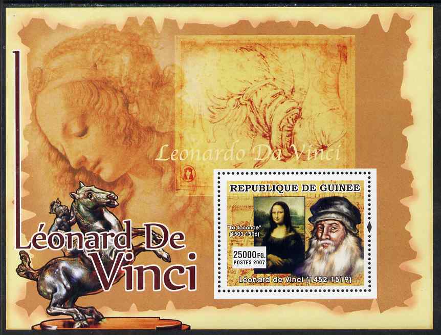 Guinea - Conakry 2007 Leonardo da Vinci (Mona Lisa) perf souvenir sheet unmounted mint, stamps on , stamps on  stamps on personalities, stamps on  stamps on leonardo, stamps on  stamps on da vinci, stamps on  stamps on arts, stamps on  stamps on science, stamps on  stamps on maths, stamps on  stamps on sculpture, stamps on  stamps on inventor