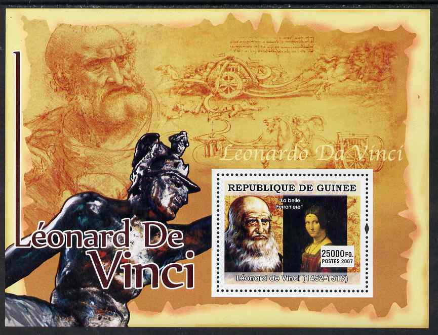 Guinea - Conakry 2007 Leonardo da Vinci (La Belle Ferroniere) perf souvenir sheet unmounted mint, stamps on , stamps on  stamps on personalities, stamps on  stamps on leonardo, stamps on  stamps on da vinci, stamps on  stamps on arts, stamps on  stamps on science, stamps on  stamps on maths, stamps on  stamps on sculpture, stamps on  stamps on inventor