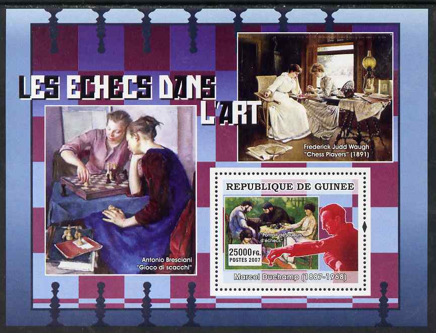 Guinea - Conakry 2007 Chess in Art (Duchamp, Bresciani & Waugh) perf souvenir sheet unmounted mint, stamps on arts, stamps on chess, stamps on duchamp