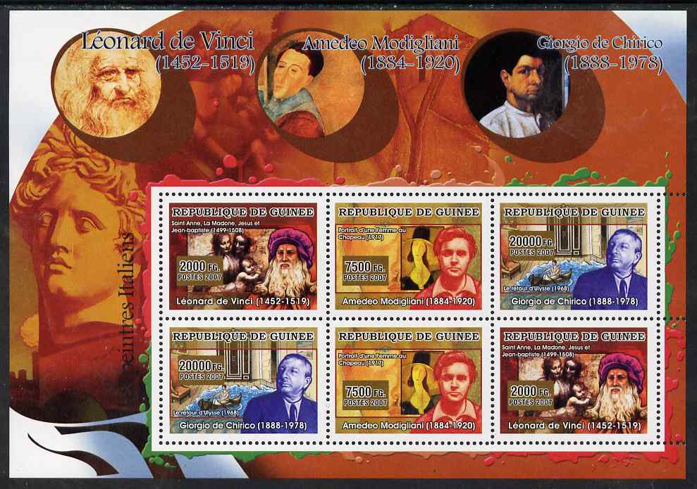 Guinea - Conakry 2007 Italian Painters perf sheetlet containing 6 values (2 sets of 3) unmounted mint, stamps on arts, stamps on personalities, stamps on leonardo, stamps on da vinci, stamps on arts, stamps on science, stamps on maths, stamps on sculpture, stamps on inventor, stamps on modigliani, stamps on chirico