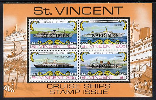 St Vincent 1974 Cruise Ships m/sheet opt'd Specimen unmounted mint, as SG MS 391, stamps on ships