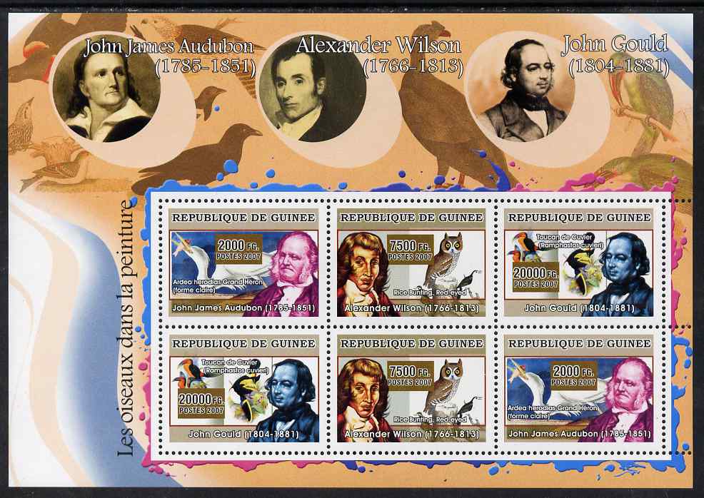 Guinea - Conakry 2007 Birds in Art perf sheetlet containing 6 values (2 sets of 3) unmounted mint, stamps on , stamps on  stamps on arts, stamps on  stamps on birds, stamps on  stamps on audubon, stamps on  stamps on wilson, stamps on  stamps on gould
