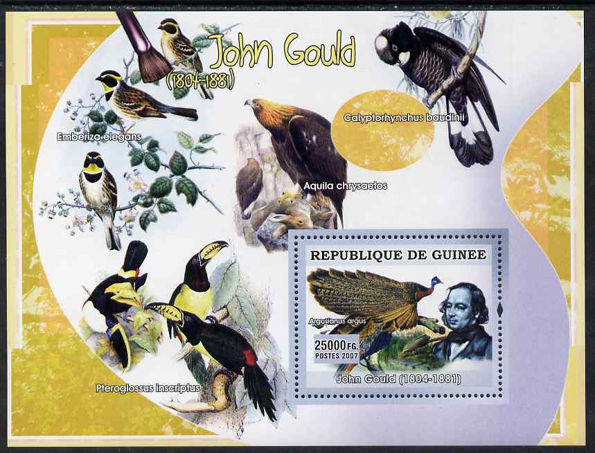 Guinea - Conakry 2007 Birds in Art (John Gould) perf souvenir sheet unmounted mint, stamps on , stamps on  stamps on arts, stamps on  stamps on birds, stamps on  stamps on gould, stamps on  stamps on birds of prey