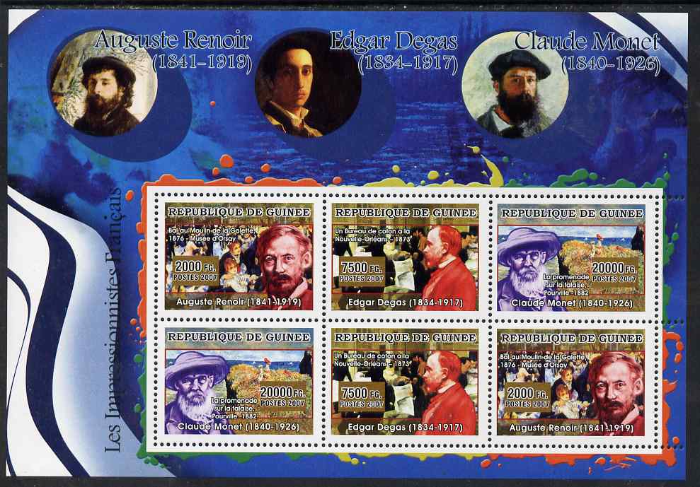 Guinea - Conakry 2007 French Impressionists #1 perf sheetlet containing 6 values (2 sets of 3) unmounted mint, stamps on , stamps on  stamps on arts, stamps on  stamps on personalities, stamps on  stamps on renoir, stamps on  stamps on degas, stamps on  stamps on monet